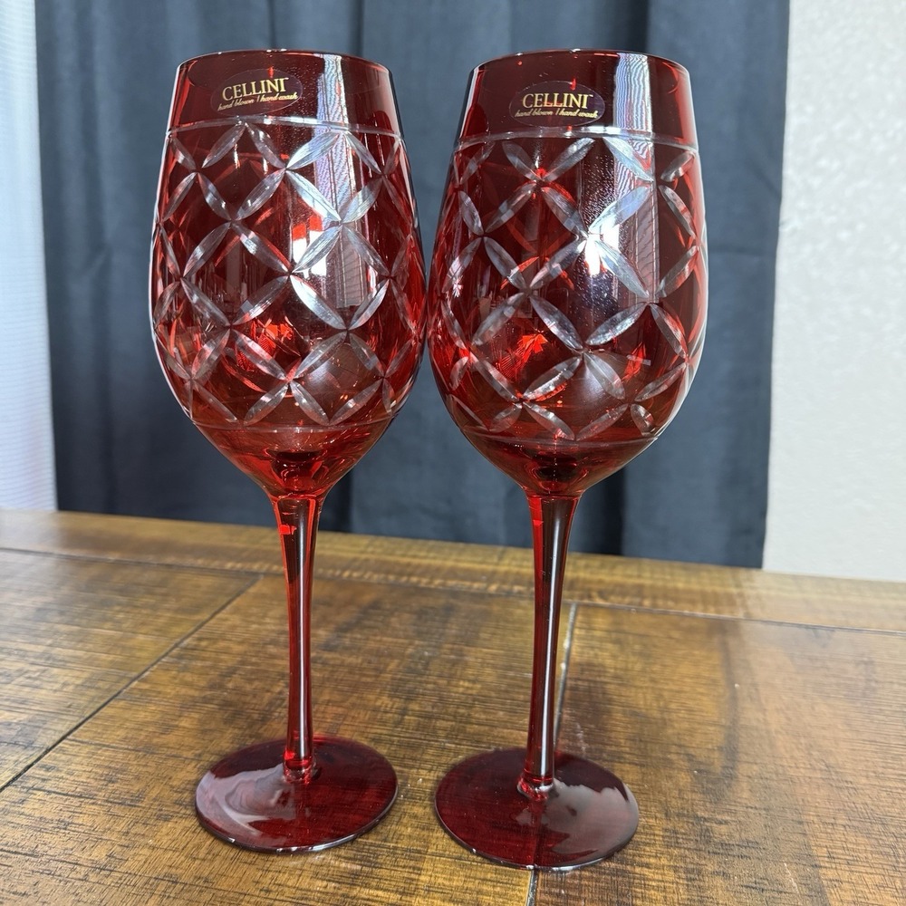 Set Of‎ 2 CELLINI Red Cut To Clear Diamond Hand Blown Wine Water Goblet Glasses